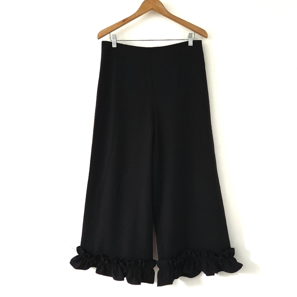 Club Monaco Cropped Pants Womens 12 Black Wide-Leg Ruffle Hem Raesey Coc…
